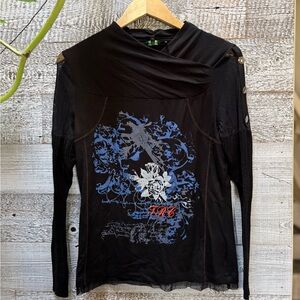 🏷 Tricotto | Women's M Y2K Grunge Mixed Media Long-Sleeved Black Lace Top
